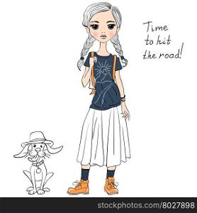 Vector lovely fashion girl with dog. Lovely fashion girl traveler wih dog in sketch-style. T-shirt Graphics. Girl print.