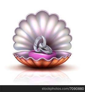 Vector luxury silver wedding, marriage rings on realistic seashell. Marry me concept vector illustration. Marriage rings on realistic seashell, vector luxury silver wedding