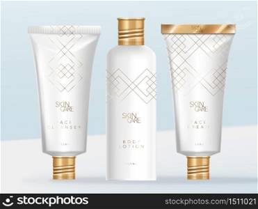 Vector Luxury Toiletries or Beauty Packaging, Bottle & Tube with Gold Aluminum Screw Cap & Metal Seal Off Clip. White & Gold Theme Color.