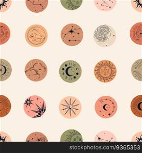 Vector magic seamless pattern with constellations, sun, moon, magic eyes, clouds and stars. Mystical esoteric background for design of fabric, packaging, astrology, phone case, yoga mat, notebook covers, wrapping paper.
