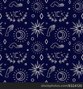 Vector magic seamless pattern with sun, moon, branch and stars on dark blue background. Mystical esoteric background for design of fabric, packaging, astrology, phone case, wrapping paper.. Vector magic seamless pattern with sun, moon, branch and stars on dark blue background.