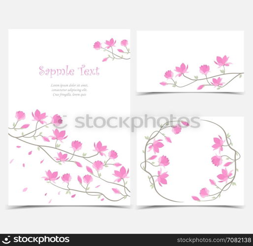 Vector magnolia flowers. Set vector illustration pink flowers on the card. Pink spring magnolia flowers branch