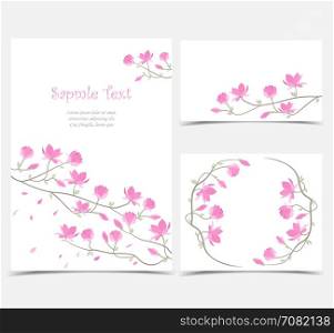 Vector magnolia flowers. Set vector illustration pink flowers on the card. Pink spring magnolia flowers branch