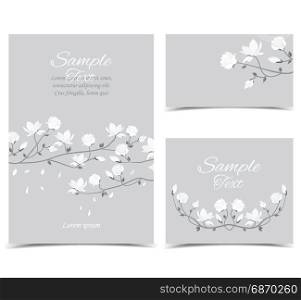 Vector magnolia flowers. Set vector illustration white flowers on the card. White spring magnolia flowers branch