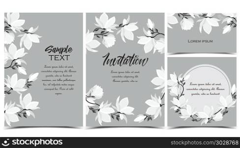 Vector magnolia flowers. Vector illustration branches with floral decoration. Spring magnolia. Background with white flowers. Set of greeting cards