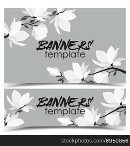 Vector magnolia flowers. Vector illustration branches with floral decoration. Spring magnolia. Background with white flowers