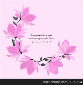 Vector magnolia flowers. Vector illustration branches with floral decoration. Spring magnolia. Frame with pink flowers
