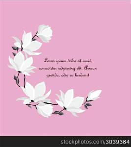 Vector magnolia flowers. Vector illustration branches with floral decoration. Spring magnolia. Frame with white flowers
