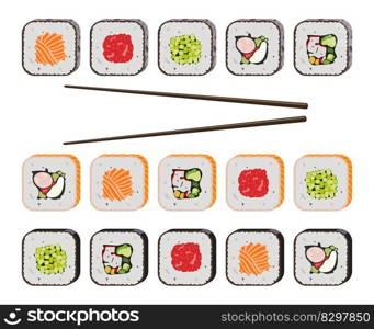 vector maki rolls in rows isolated on white background. seaweed sushi rolls with rice, shrimp, salmon, eel, tuna, avocado and caviar.delicious japanese food and chopsticks