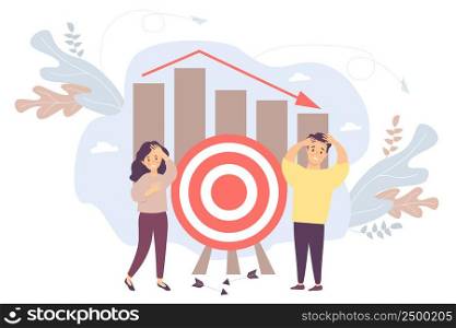Vector. Man and a woman near a target with arrows falling. of charts and columns and a falling arrow. Business and education concept - crisis, failure, collapse of relationships and teamwork