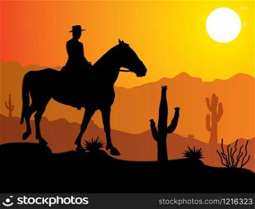 vector man on the horse in desert at sunrise or sunset