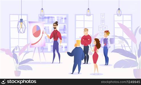 Vector Man Present Report Schedule to Management. Illustration Young Guy with Glasses Showing his Boss Company Business Growth Graph White Board. Group People Standing Hear Speaker Report in Office