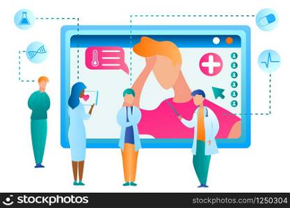 Vector Man Seeking Medical Assistance from Doctor. Flat Illustration Group Doctor Using Tablet Online Advises Patient on Treatment. Determination Diagnosis Disease. Modern Healthcare Medicine