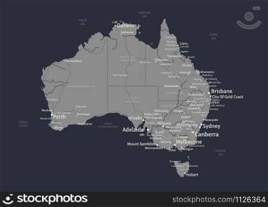 Vector map of Australia with states, cities, rivers and seas on separate layers. High detalization.. Vector map of Australia with states, cities, rivers and seas on separate layers.