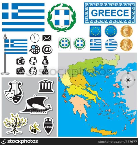 Vector map of Greece with a set of signs and symbols