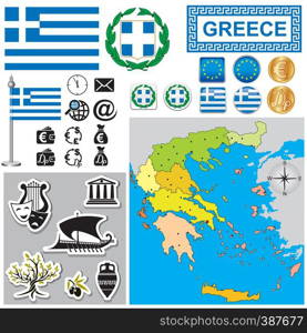 Vector map of Greece with a set of signs and symbols