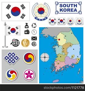 Vector map of South Korea with a set of signs and symbols