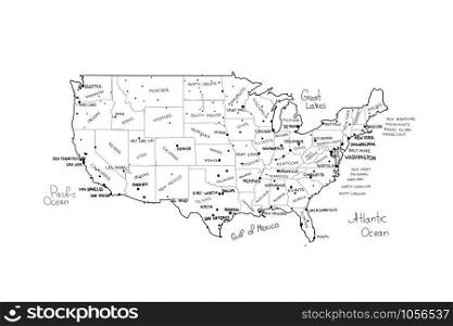 Vector map of United States of America. Black lines on white background. Hand drawned vector illustration of United States of America map including states borders, names and largest cities.