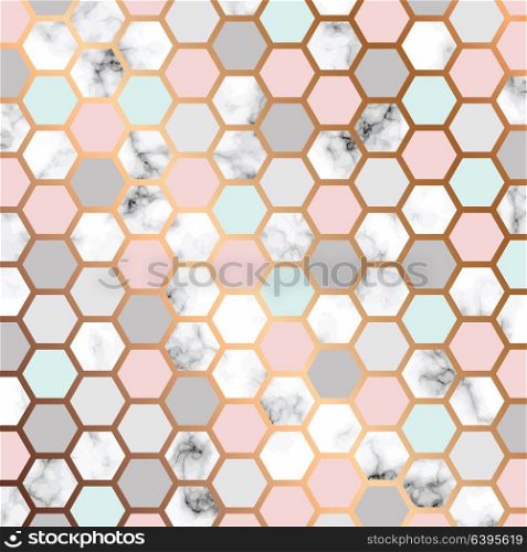 Vector marble texture design with golden honeycomb pattern, black and white marbling surface, modern luxurious background, vector illustration