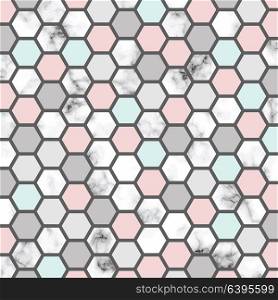Vector marble texture design with honeycomb pattern, black and white marbling surface, modern luxurious background, vector illustration