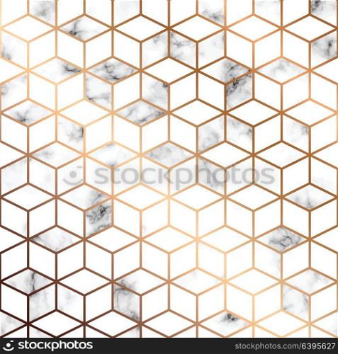 Vector marble texture, seamless pattern design with golden geometric lines and cubes, black and white marbling surface, modern luxurious background