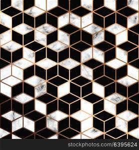 Vector marble texture, seamless pattern design with golden geometric linesand cubes, black and white marbling surface, modern luxurious background