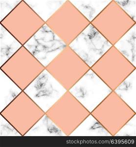 Vector marble texture, seamless pattern design with pink squares and golden geometric lines, black and white marbling surface, modern luxurious background