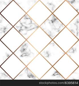 Vector marble texture, seamless pattern design with white squares and golden geometric lines, black and white marbling surface, modern luxurious background