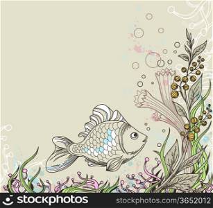 Vector marine background with fish and plants