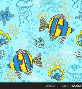 Vector marine seamless pattern with fishes and shells