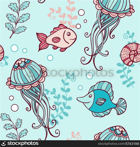 Vector marine seamless pattern with jellyfish and fish