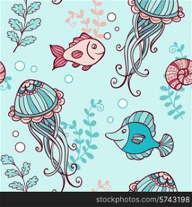 Vector marine seamless pattern with jellyfish and fish