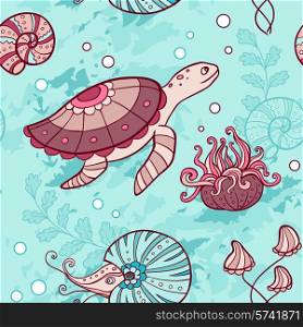 Vector marine seamless pattern with turtle and nautilus