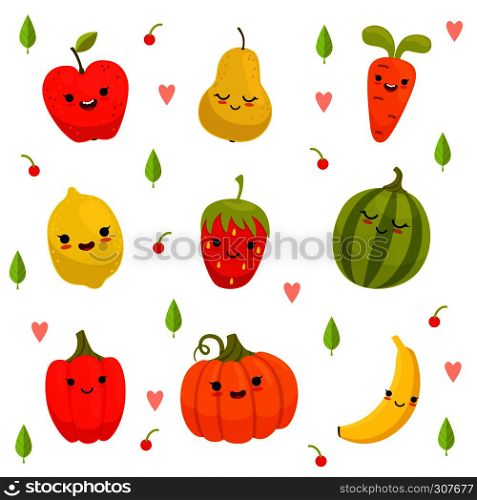 Vector mascot design of cartoon fruits and vegetables. Colored fruit and vegetable characters, happy vitamins drawing fruits illustration. Vector mascot design of cartoon fruits and vegetables