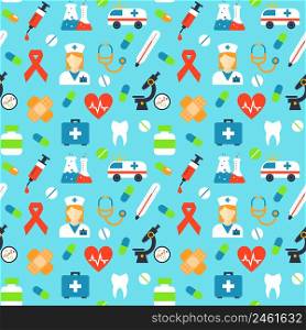 Vector medical seamless pattern. Medicine microscope, red ribbon, plaster and antibiotic, blood and pulse, vitamin and syringe, capsule and thermometer. Vector medical pattern