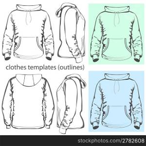Vector. Men&acute;s hooded sweatshirt with pocket (back, front and side views). Outlines