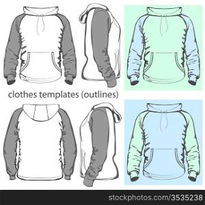 Vector. Men&acute;s hooded sweatshirt with pocket (back, front and side views). Raglan sleeve. Outlines