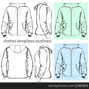 Vector. Men&acute;s hooded sweatshirt with zipper and pockets (back, front and side view). Outlines