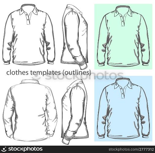 Vector. Men&acute;s polo-shirt design template (front, back and side view). Long sleeve. outline