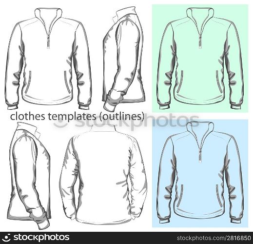 Vector. Men&acute;s sweatshirt with zipper and pockets (back, front and side view). Outlines