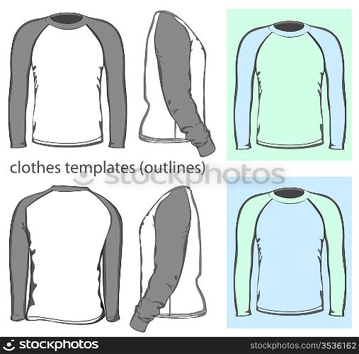 Vector. Men&acute;s t-shirt design template (front, back and side view). Long raglan sleeve. outline