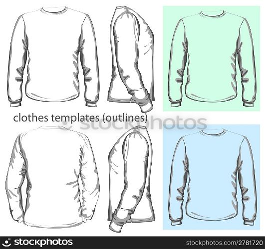 Vector. Men&acute;s t-shirt design template (front, back and side view). Long sleeve. outline