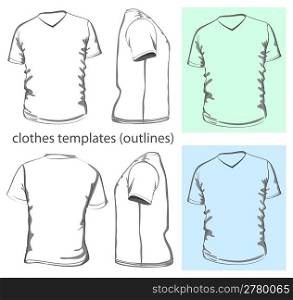 Vector. Men&acute;s t-shirt design template v-neck (front, back and side view). Outline