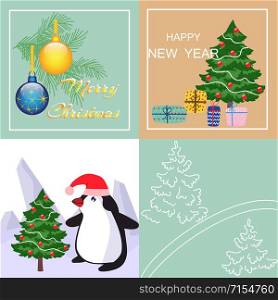 Vector Merry Christmas and Happy New Year greeting cards set with cute christmas accessories and hand drawn lettering.