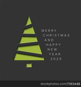 Vector Merry Christmas card with a green minimalistic tree cut of from paper. Minimalistic Christmas card with christmas tree