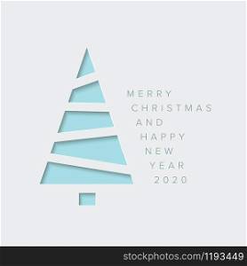 Vector Merry Christmas card with a light blue minimalistic tree cut of from paper. Minimalistic Christmas card with christmas tree