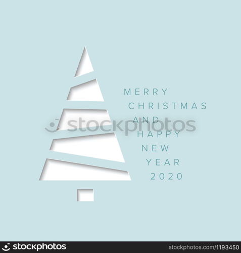 Vector Merry Christmas card with a white minimalistic tree cut of from blue paper. Minimalistic Christmas card with christmas tree