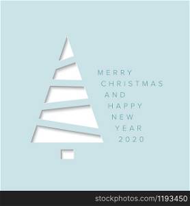 Vector Merry Christmas card with a white minimalistic tree cut of from blue paper. Minimalistic Christmas card with christmas tree