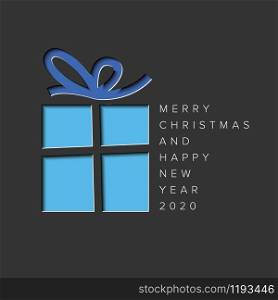 Vector Merry Christmas card with blue present and ribbon cut of from paper