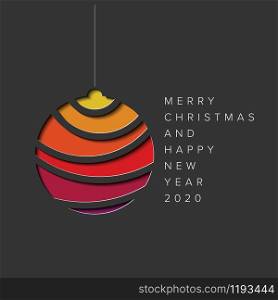 Vector Merry Christmas card with red minimalistic christmas bauble cut of from paper
